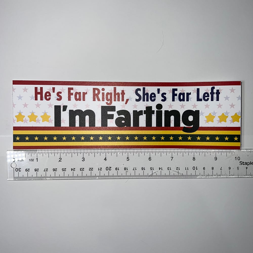 Image of He's Right Wing, She's Left Wing, I'm Farting Bumper Sticker - Funny Political Humor Car Decal