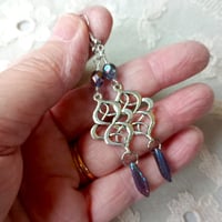 Image 7 of Art Nouveau Peacock Earrings in Purple & Antique Silver, Pierced or Clip On