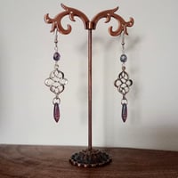 Image 4 of Art Nouveau Peacock Earrings in Purple & Antique Silver, Pierced or Clip On