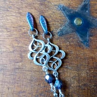 Image 8 of Art Nouveau Peacock Earrings in Purple & Antique Silver, Pierced or Clip On