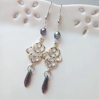Image 1 of Art Nouveau Peacock Earrings in Purple & Antique Silver, Pierced or Clip On