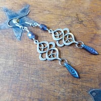 Image 3 of Art Nouveau Peacock Earrings in Purple & Antique Silver, Pierced or Clip On