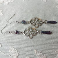Image 5 of Art Nouveau Peacock Earrings in Purple & Antique Silver, Pierced or Clip On