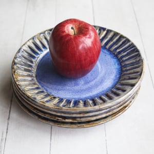 Image of Set of Four Rustic Salad Plates in Swirling Blue Glaze, Hand Carved Made in USA