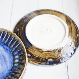 Image of Set of Four Rustic Salad Plates in Swirling Blue Glaze, Hand Carved Made in USA