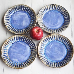 Image of Set of Four Rustic Salad Plates in Swirling Blue Glaze, Hand Carved Made in USA