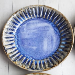 Image of Set of Four Rustic Salad Plates in Swirling Blue Glaze, Hand Carved Made in USA
