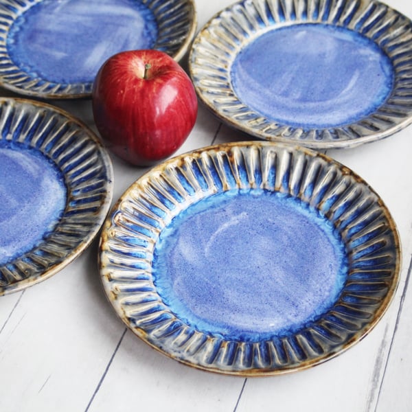 Image of Set of Four Rustic Salad Plates in Swirling Blue Glaze, Hand Carved Made in USA