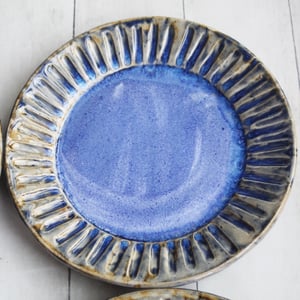 Image of Set of Four Rustic Salad Plates in Swirling Blue Glaze, Hand Carved Made in USA