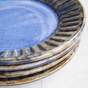 Image of Set of Four Rustic Salad Plates in Swirling Blue Glaze, Hand Carved Made in USA