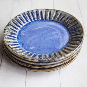 Image of Set of Four Rustic Salad Plates in Swirling Blue Glaze, Hand Carved Made in USA