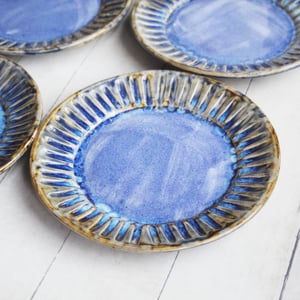 Image of Set of Four Rustic Salad Plates in Swirling Blue Glaze, Hand Carved Made in USA
