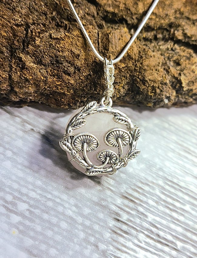 Rose Quartz & Sterling Silver Mushroom Forest Necklace