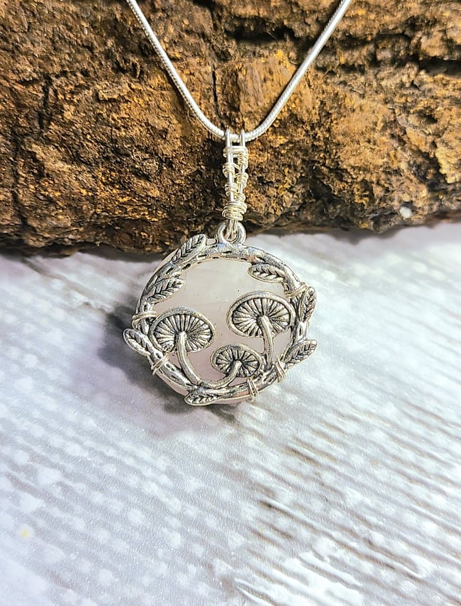 Rose Quartz & Sterling Silver Mushroom Forest Necklace
