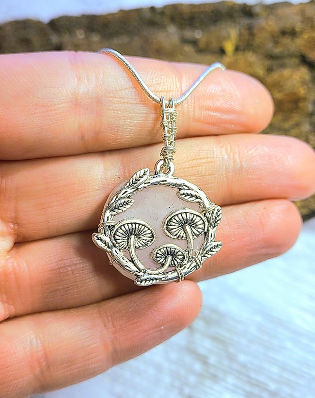Rose Quartz & Sterling Silver Mushroom Forest Necklace