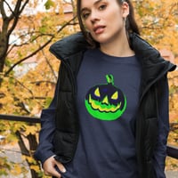 Image 3 of Long Sleeve Tee (Adult M/F) - Jack O Lantern Vintage Green-Black