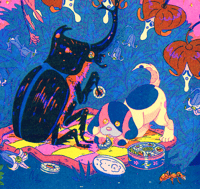 Image 1 of Puppy with Beetle and Bleeding Hearts Risograph