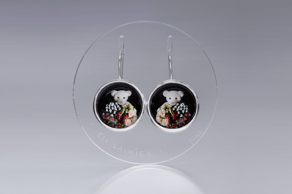 Image of "Be happy" teddy-bears silver earrings with photos, rock crystal  · SIS FELIX ·