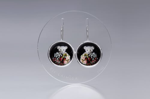 Image of "Be happy" teddy-bears silver earrings with photos, rock crystal  · SIS FELIX ·