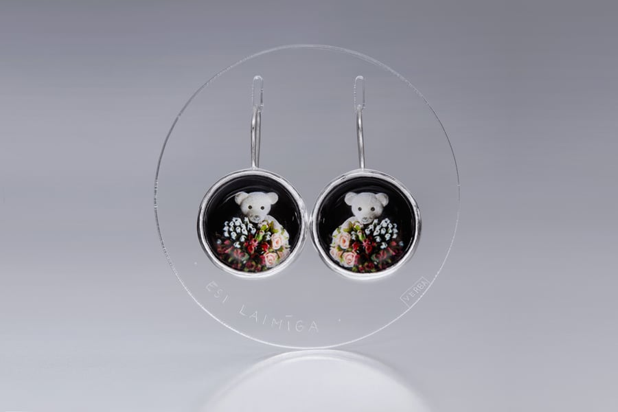 Image of "Be happy" teddy-bears silver earrings with photos, rock crystal  · SIS FELIX ·