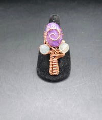 Image 1 of Amethyst Fluorite and Neodymium Magnet Ankh Ring Adjustable 
