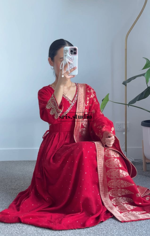 Image of Red three piece kurtha set 