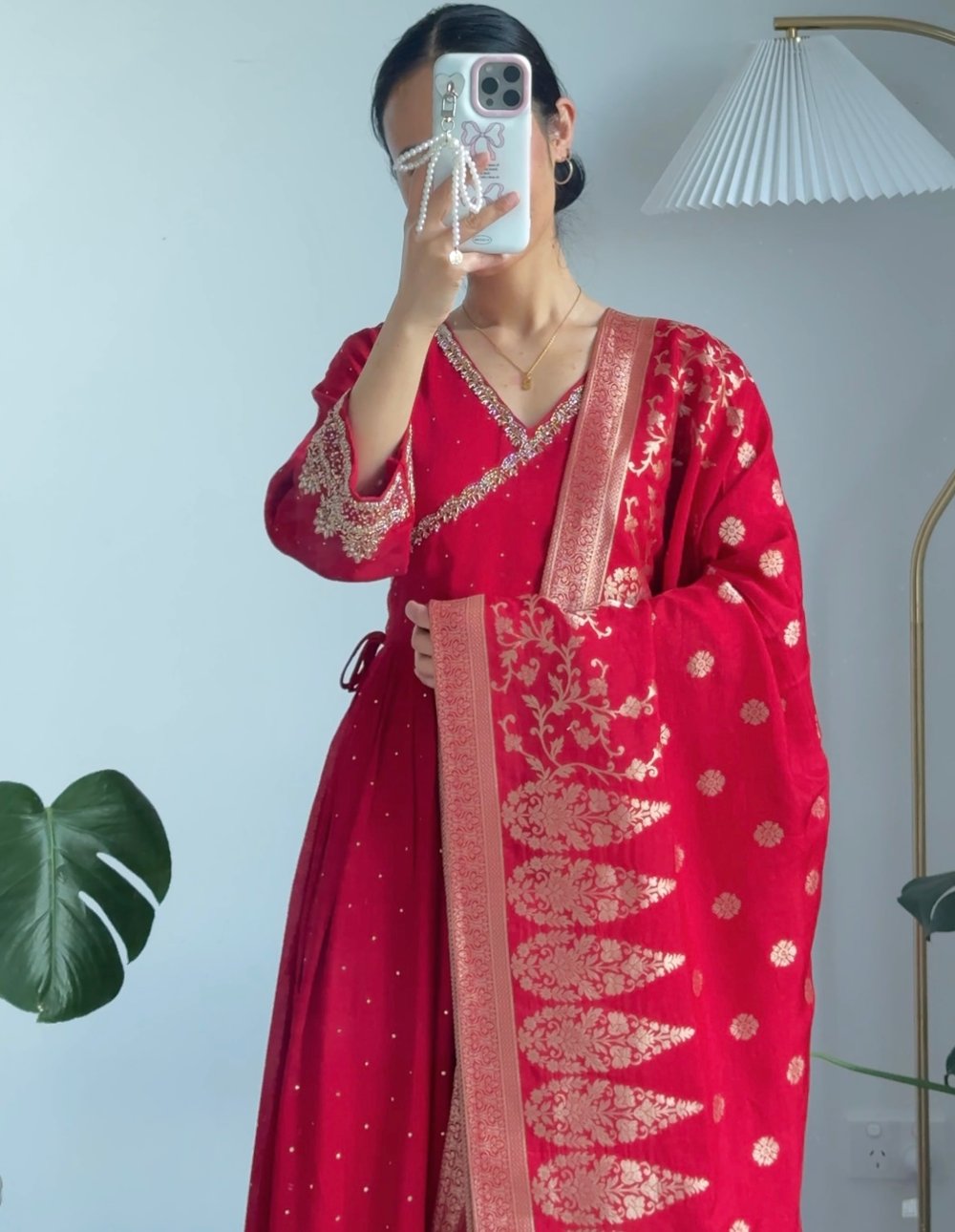 Image of Red three piece kurtha set 