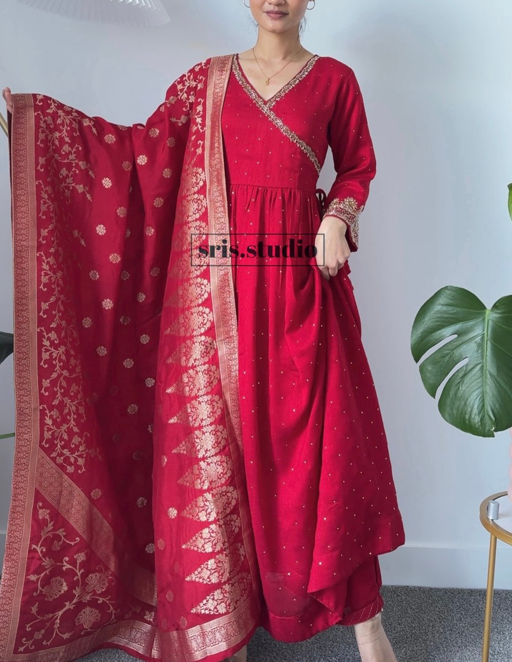Image of Red three piece kurtha set 