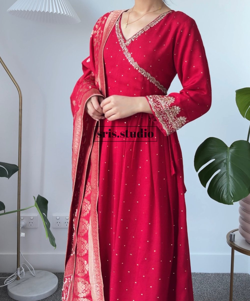 Image of Red three piece kurtha set 