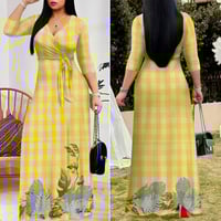 Image 4 of Women’s V Neck Maxi Dress- Yellow Palaka and Monstera