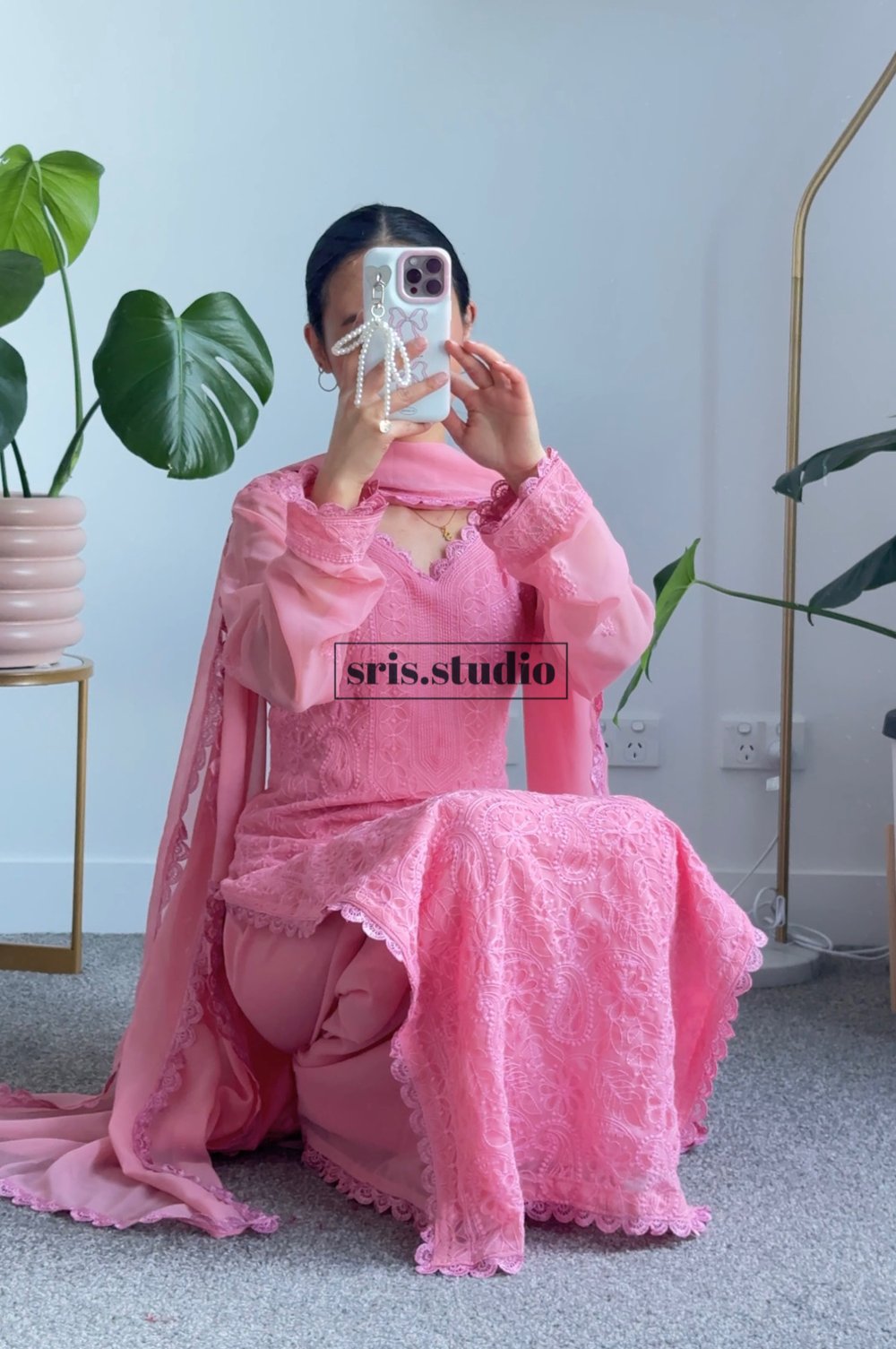 Image of Bubblegum pink three piece kurtha set 