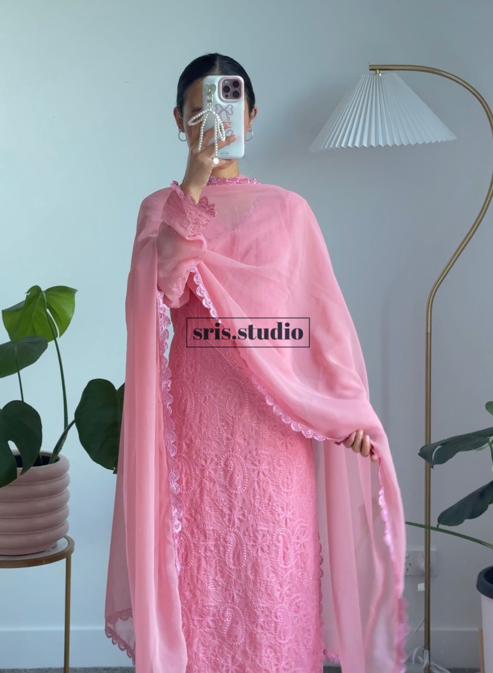 Image of Bubblegum pink three piece kurtha set 