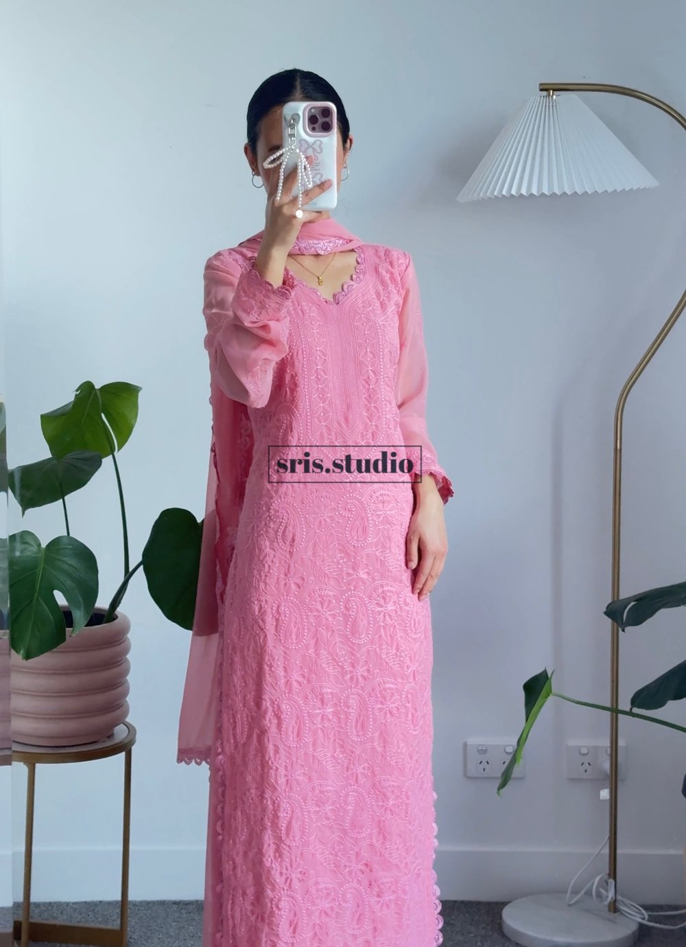 Image of Bubblegum pink three piece kurtha set 