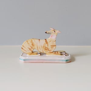 Image of SECOND Miniature Whippet Ornament - light brindle pink collar