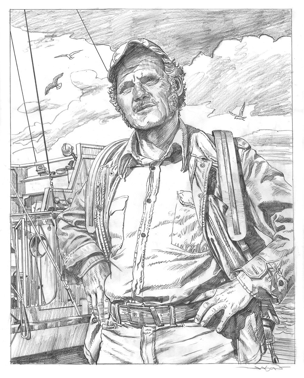 "Quint The Shark Hunter" - 16" x 20" original pencil drawing