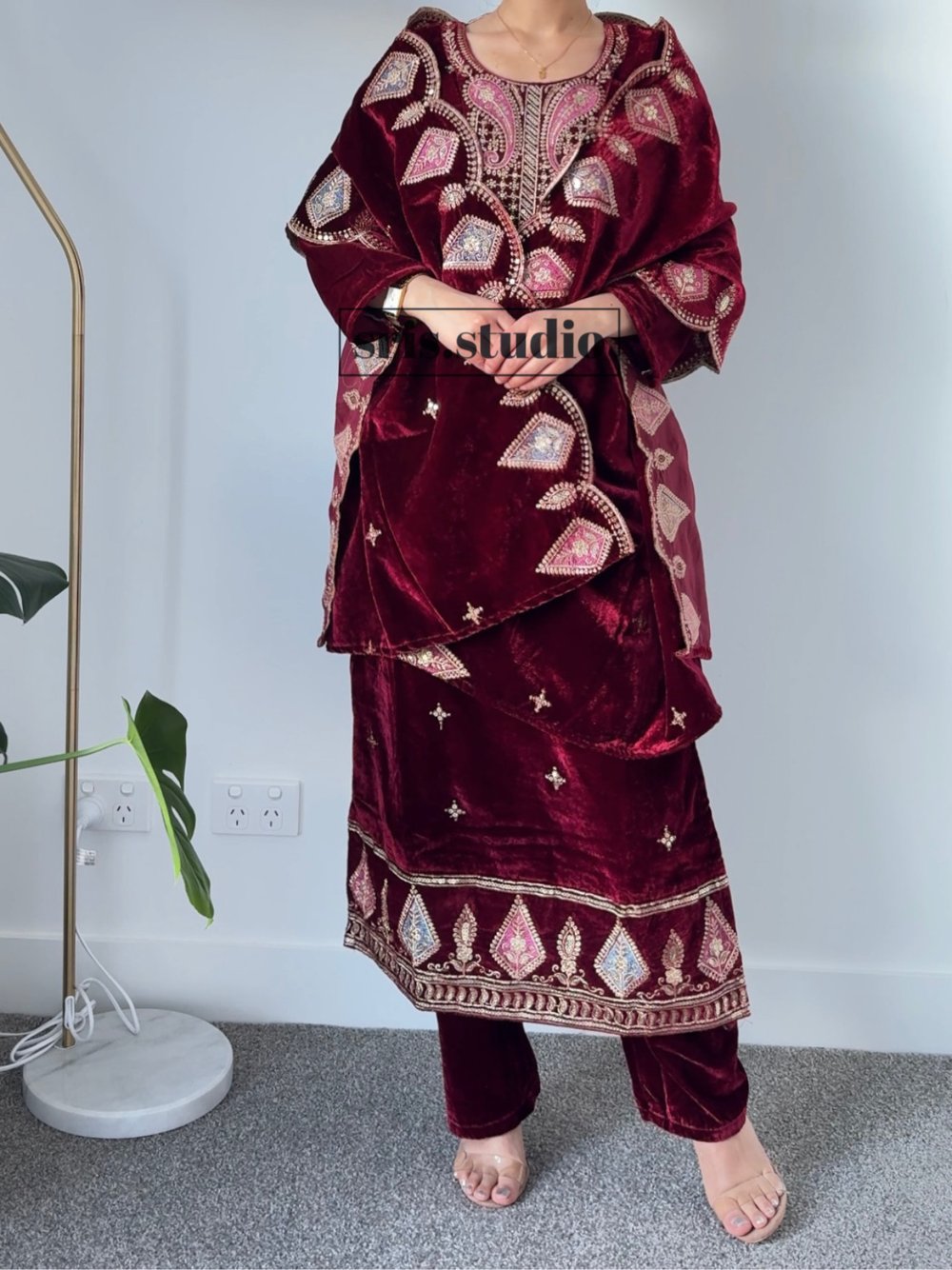 Image of Velvet maroon three piece kurtha set 