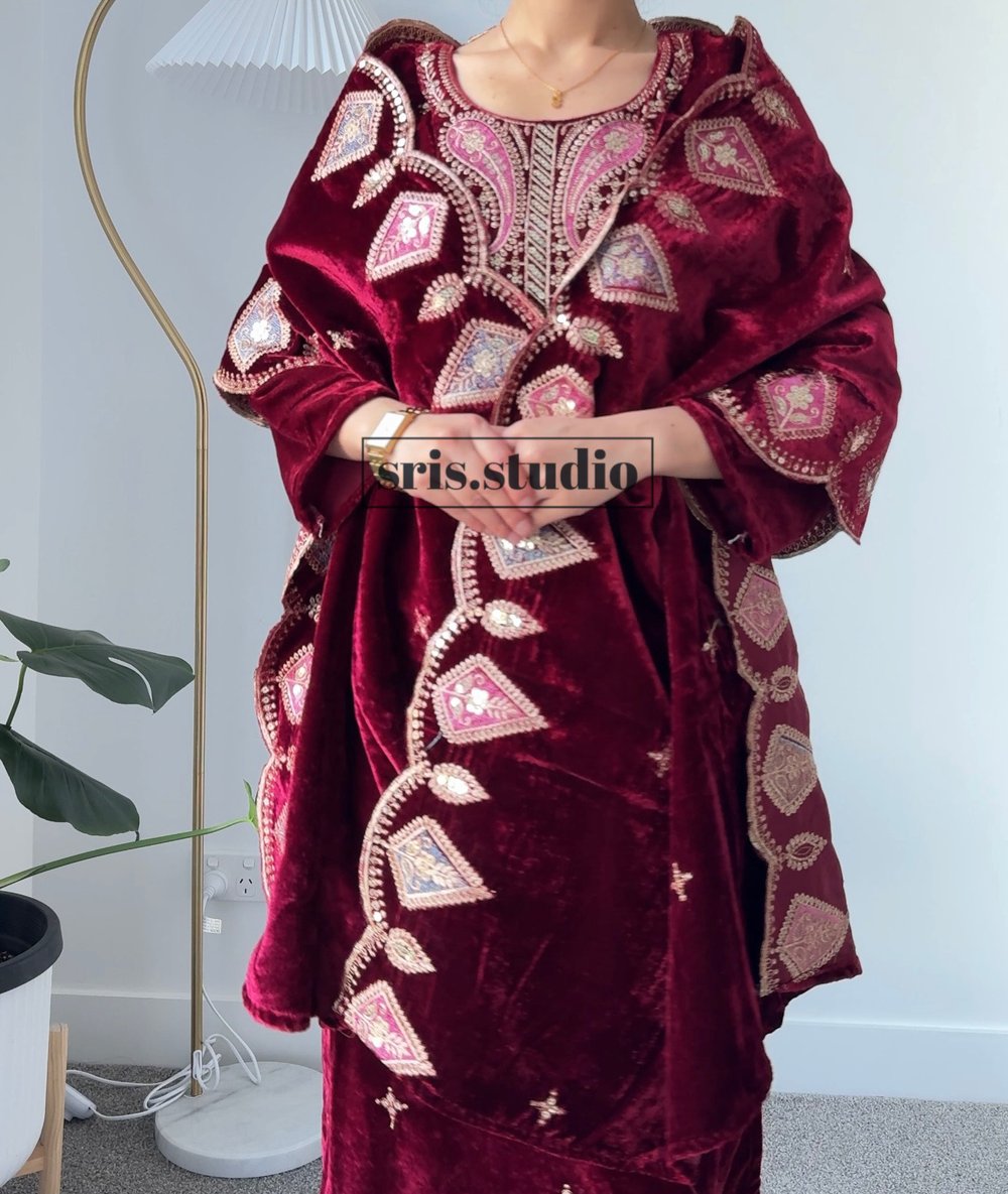 Image of Velvet maroon three piece kurtha set 