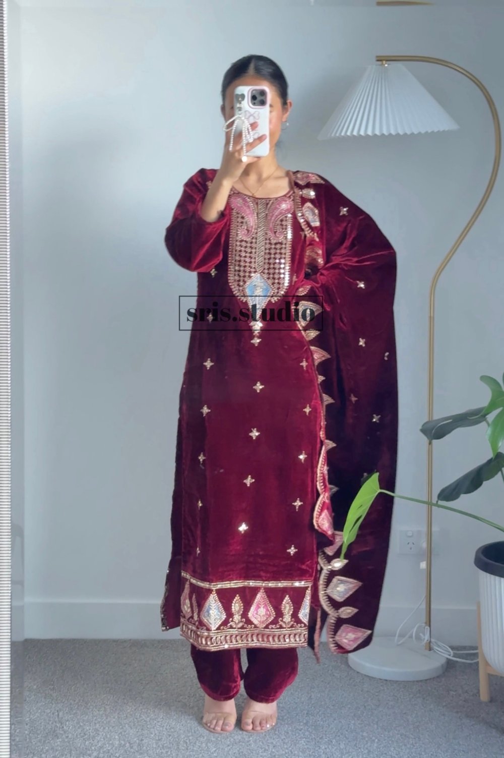 Image of Velvet maroon three piece kurtha set 