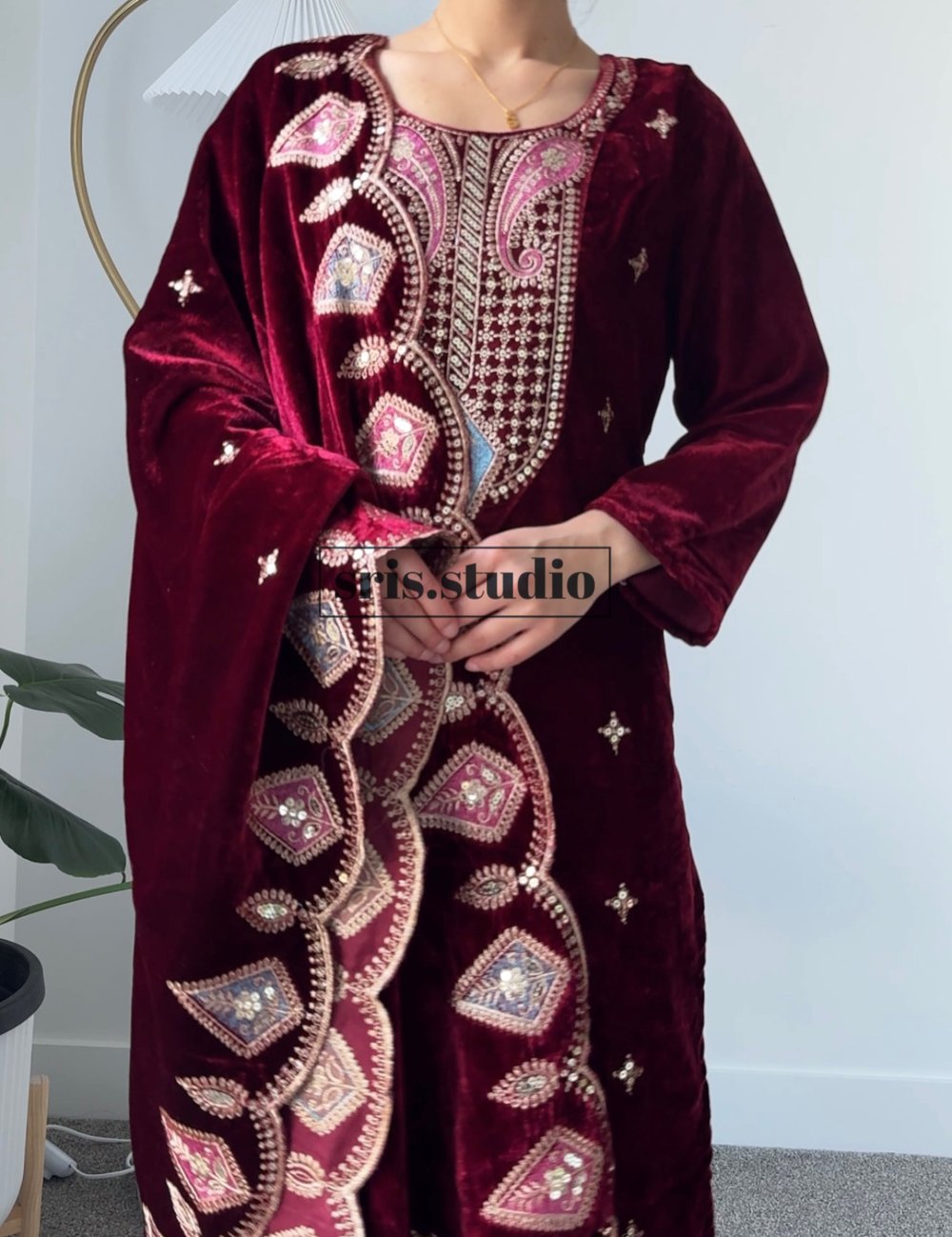 Image of Velvet maroon three piece kurtha set 