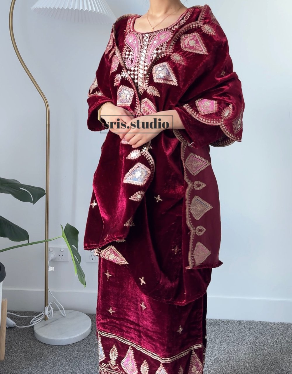 Image of Velvet maroon three piece kurtha set 