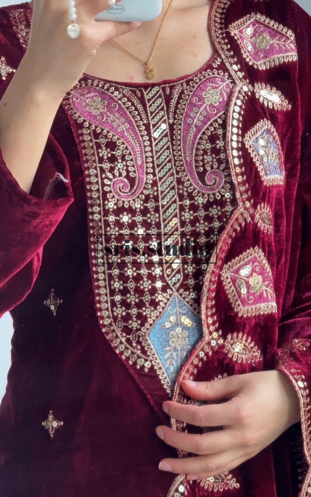 Image of Velvet maroon three piece kurtha set 