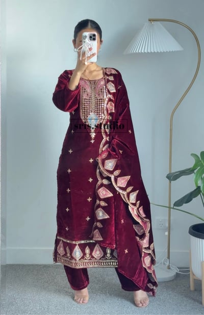 Image of Velvet maroon three piece kurtha set 