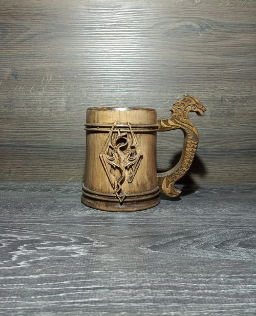 Image of Wooden beer mug, Skyrim dragon, personalized tankard, gamers gift,