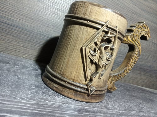 Image of Wooden beer mug, Skyrim dragon, personalized tankard, gamers gift, 