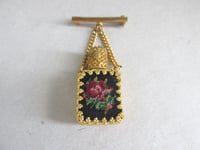Image 4 of Vintage Austrian Miniature Scent Bottle with Chain & Bar Brooch, Floral Needlework Decor, Boxed 