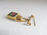 Image 14 of Vintage Austrian Miniature Scent Bottle with Chain & Bar Brooch, Floral Needlework Decor, Boxed 