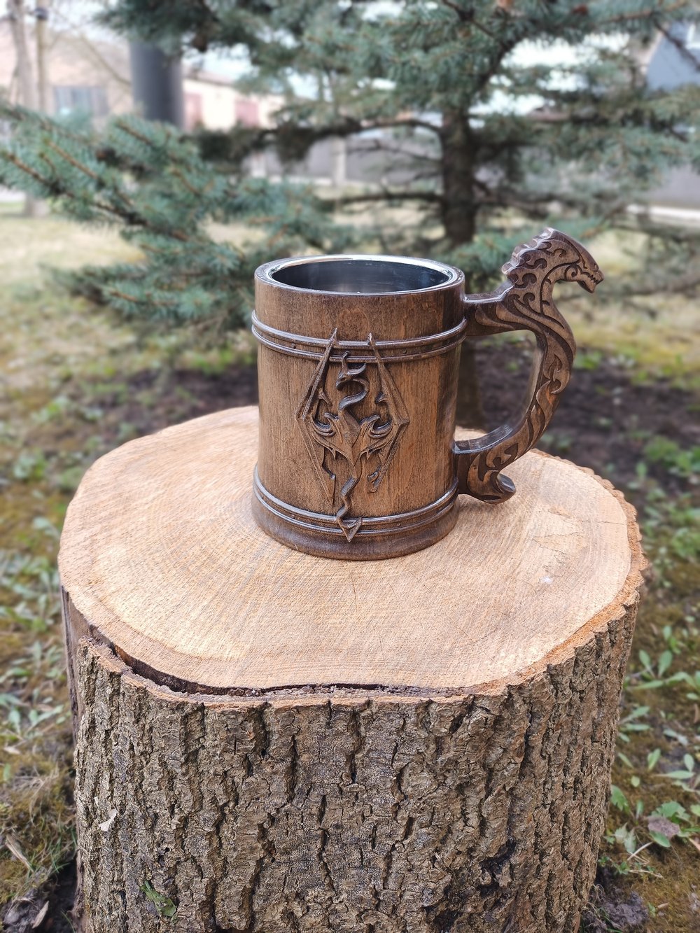 Image of Wooden beer mug, Skyrim dragon, personalized tankard, gamers gift, 