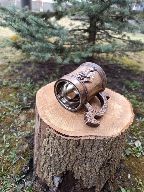 Image of Wooden beer mug, Skyrim dragon, personalized tankard, gamers gift,