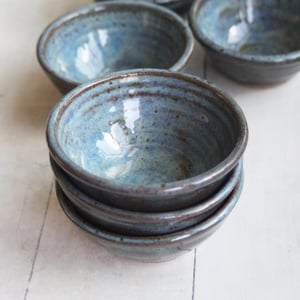 Image of Three Small Rustic Blue Ceramic Pottery Bowls, Kitchen Prep Handcrafted Made in USA