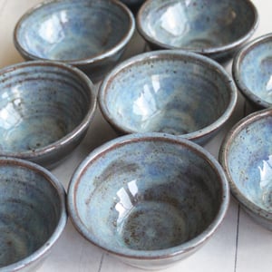 Image of Three Small Rustic Blue Ceramic Pottery Bowls, Kitchen Prep Handcrafted Made in USA